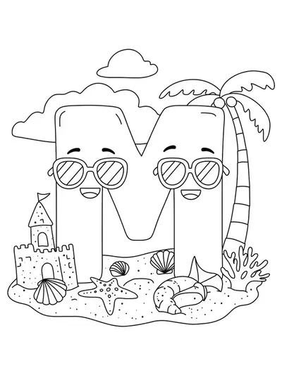 Letter M with sunglasses on a beach, with sandcastle, seashells, and palm trees, for preschool coloring.