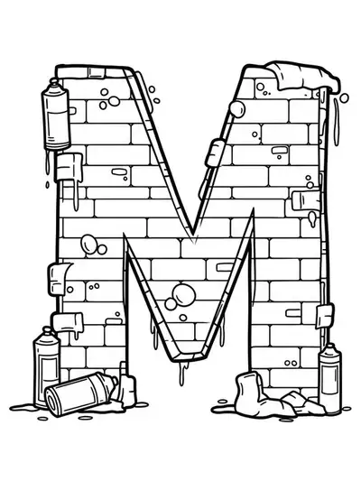 Letter M illustrated in an urban graffiti style with brick wall and spray paint motifs, medium-detailed for adult coloring.