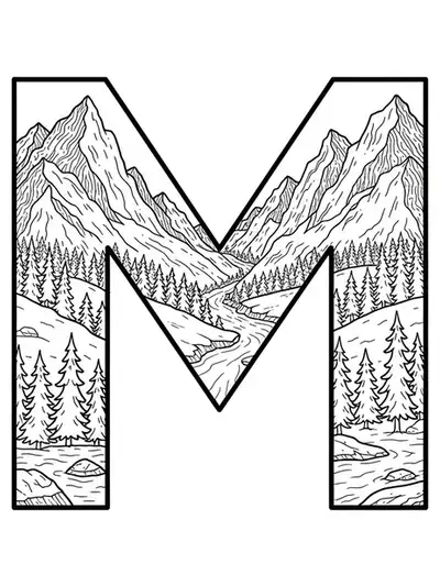 Letter M integrated with intricate mountain peaks, trees, and rivers for adult coloring.