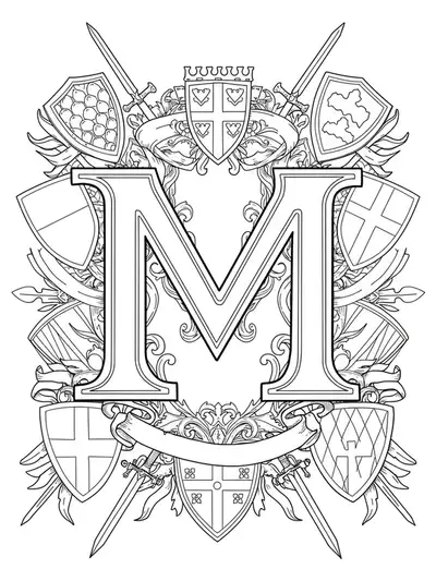 Coloring page of the letter M surrounded by medieval shields, banners, and decorative heraldic patterns.