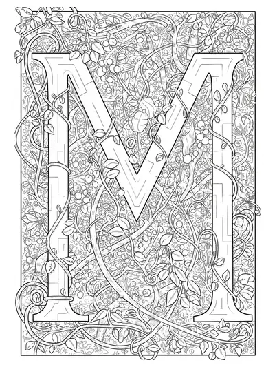 Letter M entwined in a detailed forest maze with intricate leaves and vines for adults.