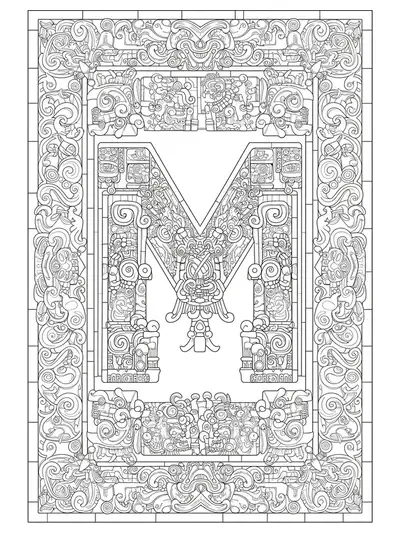 Intricate letter M surrounded by detailed Mayan glyphs, borders, and ancient motifs.
