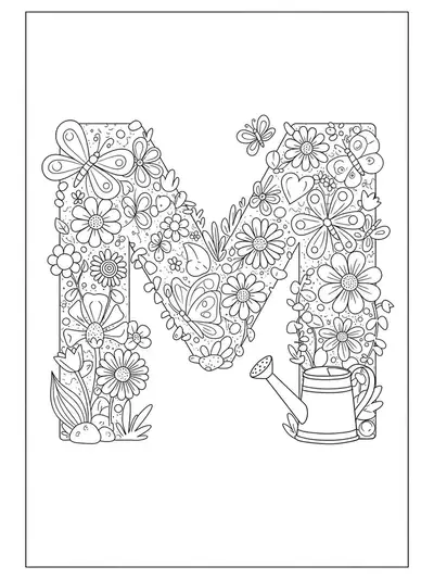 Letter M surrounded by flowers, butterflies, and watering can, designed for preschool garden coloring.