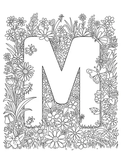 Complex outline of a meadow with flowers, grass, butterflies and bugs surrounding a large letter M, filled with intricate natural details.