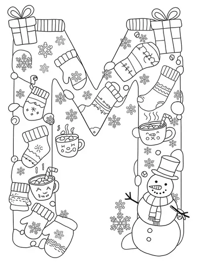 Coloring page with the letter M surrounded by mittens, mugs, snowflakes, and snowmen in a winter scene.