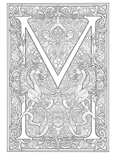 Letter M in the style of medieval manuscripts with illuminated borders, dragons, and floral patterns.