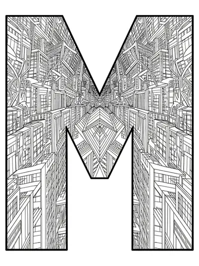 Letter M filled with detailed geometric buildings, skyscrapers, and overlapping architectural elements.