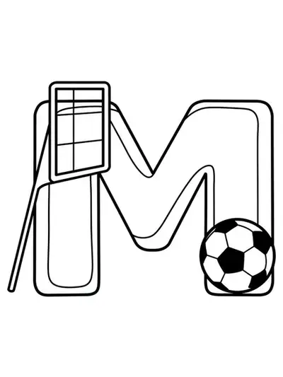 Coloring page of the letter M with a soccer ball and a goal post.