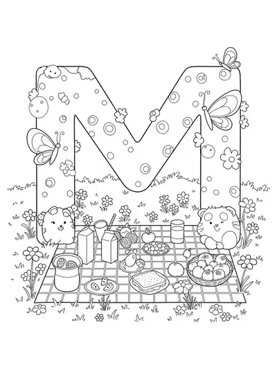 Coloring page with the letter M, picnic blanket, sandwiches, milk, fruit, butterflies, and meadow flowers.