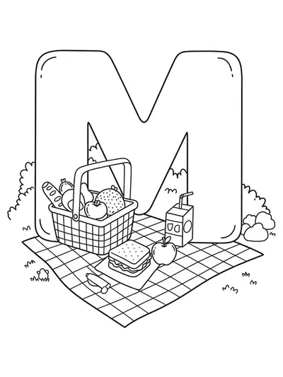 Letter M with picnic basket, sandwich, apple, juice box, blanket, for preschool picnic coloring.