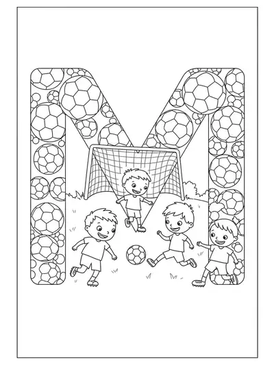 Coloring page with the letter M, soccer balls, a goal net, and kids playing soccer.