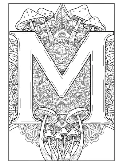 Letter M framed by mandala patterns and stylized mushrooms in a medium-detailed adult coloring page.