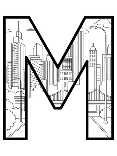Coloring page of the letter M with a city skyline, skyscrapers, streetlights, and bridges in the background.