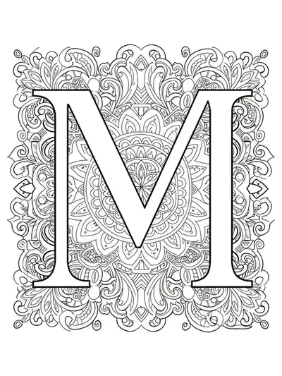 Letter M encircled by complex mosaic and mandala-inspired meditative patterns for adult coloring.