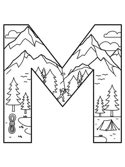 Coloring page with the letter M surrounded by mountains, climbing ropes, pine trees, and a small tent.