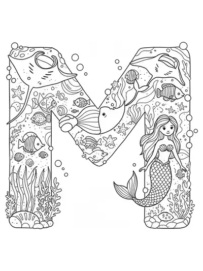 Coloring page showing the letter M with marine life such as manta rays, mermaids, fish, and sea plants.