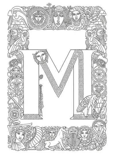Letter M surrounded by complex ancient mythological symbols and creatures.