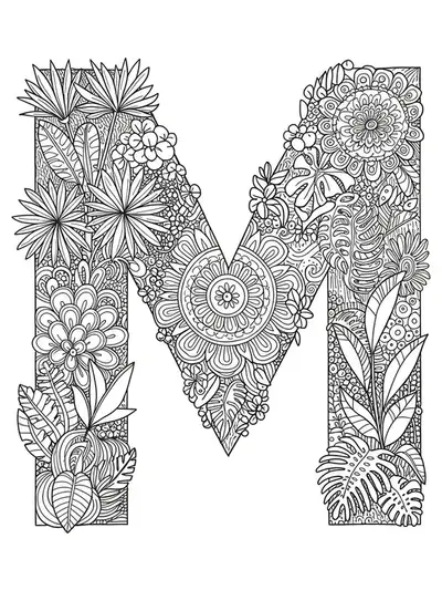 Letter M covered in botanical mandala patterns and dense jungle foliage for teens.