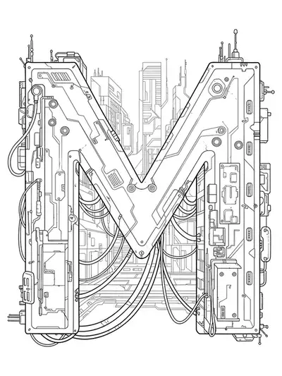 Letter M integrated with detailed cyberpunk cityscape, buildings, wires, and tech patterns.