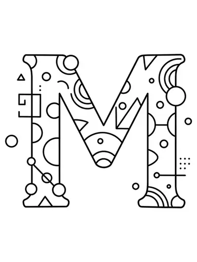Coloring page with letter M and various geometric shapes like circles and triangles, easy for adults.