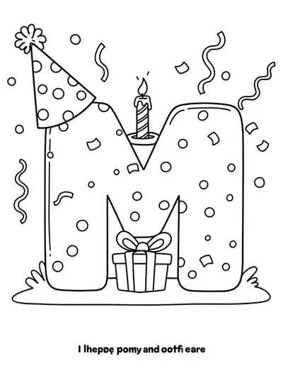 Large letter M with a birthday hat, candle, and confetti, celebration theme for preschool coloring.