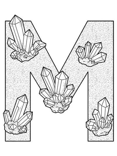 Letter M adorned with crystals, mineral clusters, and gemstones in a medium-detailed coloring page for adults.