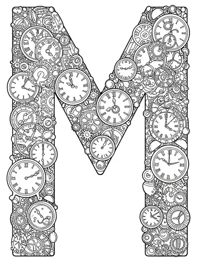 Letter M detailed with mechanical watch faces, gears, and intricate clockwork elements in line art.