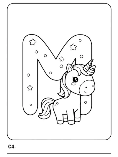 Simple coloring page with letter M and a smiling unicorn with a flowing mane.