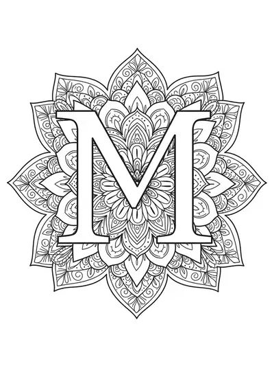 Letter M with simple mandala flower petals around it, easy adult coloring page.