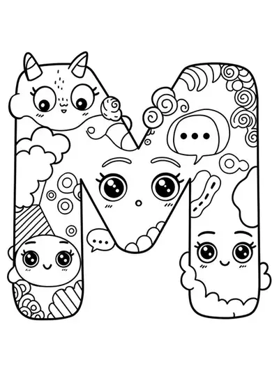Black and white coloring page of the letter M with manga art elements like expressive eyes, speech bubbles, and stylized clouds.
