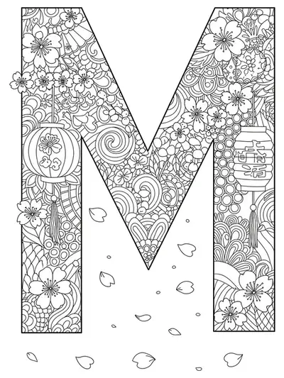 Intricate letter M coloring page with manga-style cherry blossoms and lanterns.