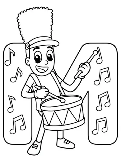 Large letter M with a marching drum and music notes, music activity theme for preschoolers.