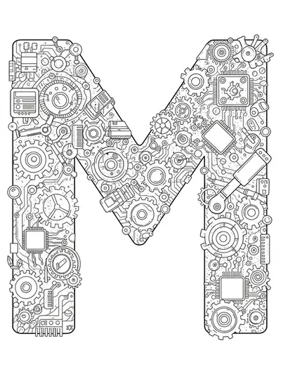 Line art coloring page of the letter M surrounded by gears, cogs, circuit boards, and mechanical elements.
