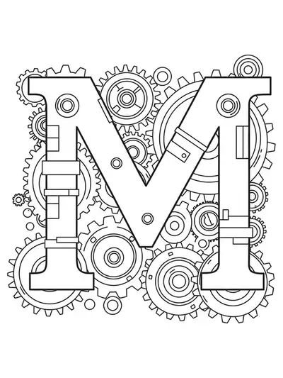 Easy adult coloring page with letter M surrounded by simple mechanical gears.