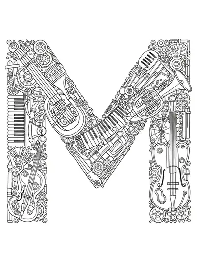 Letter M composed of interlocking mechanical musical instruments, gears, and intricate details.