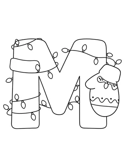 Simple coloring page of a large letter M decorated with a mitten and Christmas lights, easy design for preschoolers.