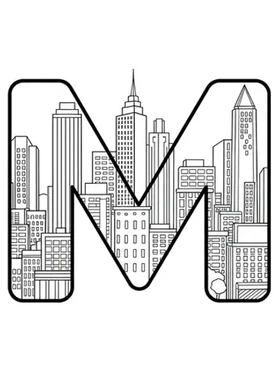 Letter M coloring page with simple city skyline outlines, easy for adults.