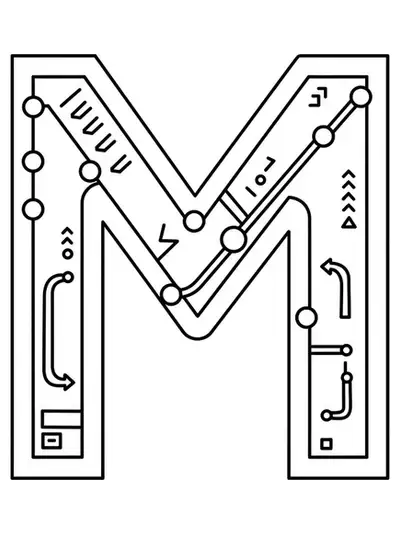 Letter M formed by and surrounded with subway map lines, station dots, and arrows in a medium-detailed adult coloring page.