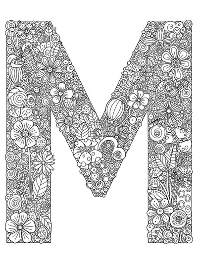 Letter M surrounded by microscopic plants, insects, and detailed tiny organisms in line art.