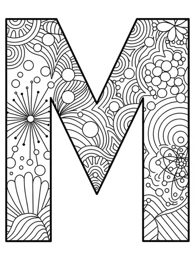 Letter M decorated with mid-century modern patterns, starbursts, and atomic shapes, medium-detailed adult coloring page.