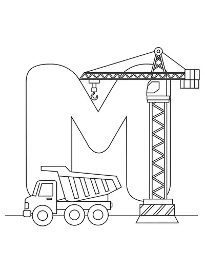Black and white coloring page of the letter M with a dump truck and a simple crane.