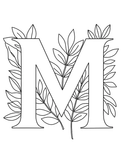 Letter M with large, simple-line botanical leaves around it, easy for adults to color.