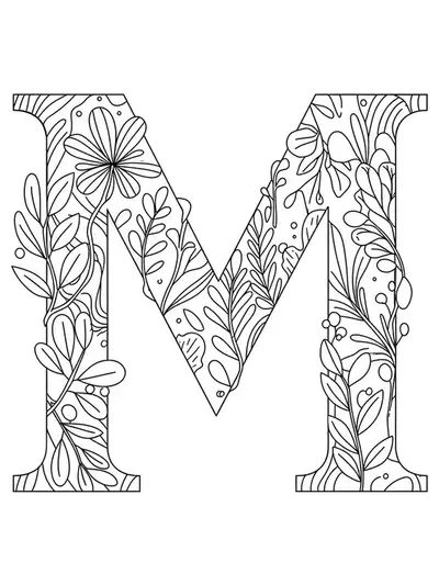 Black and white coloring page of the letter M decorated with minimalist botanical patterns, leaves, and vines.