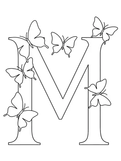 Easy adult coloring page of letter M with simple butterflies around it.