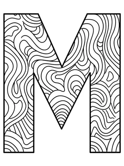 Letter M with simple abstract wave patterns, easy coloring for adults.