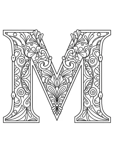 Letter M with simple Art Deco patterns, easy to color for adults.
