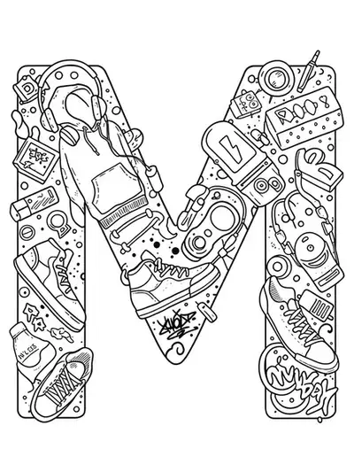 Line art coloring page of the letter M decorated with street fashion items like sneakers, headphones, hoodies, and graffiti tags.