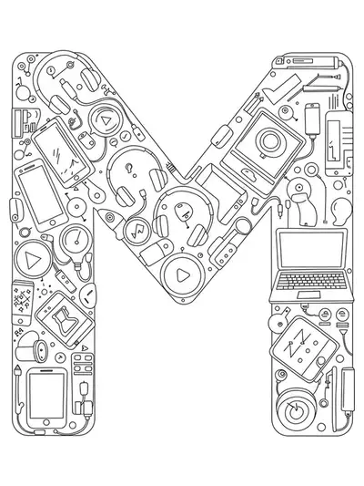 Line art coloring page of the letter M with technology icons such as smartphones, headphones, and laptops.