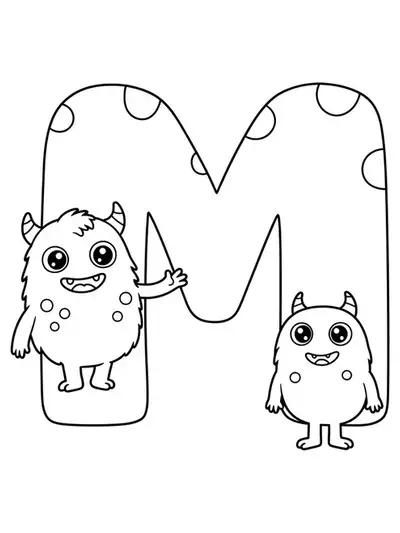 Big letter M with two friendly cartoon monsters, easy design for preschool coloring.