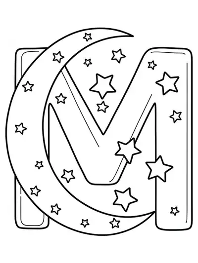 Large letter M with a crescent moon and stars, night sky theme for preschool coloring.